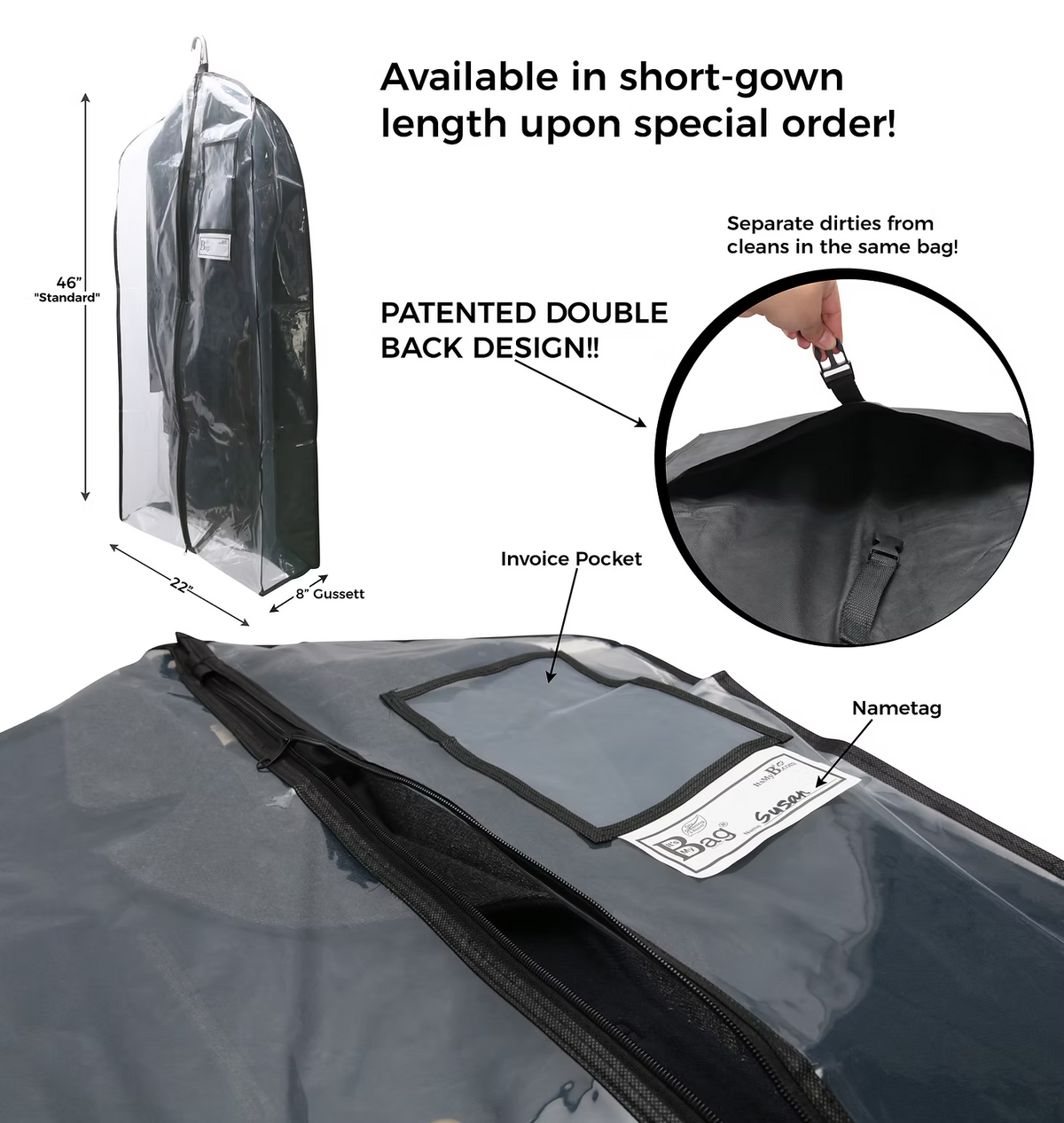Transparent gray garment storage bag shown with feature callouts and inset details, including a side view with dimensions, a close-up of the patented double back design, and a top view showing the invoice pocket and nametag.